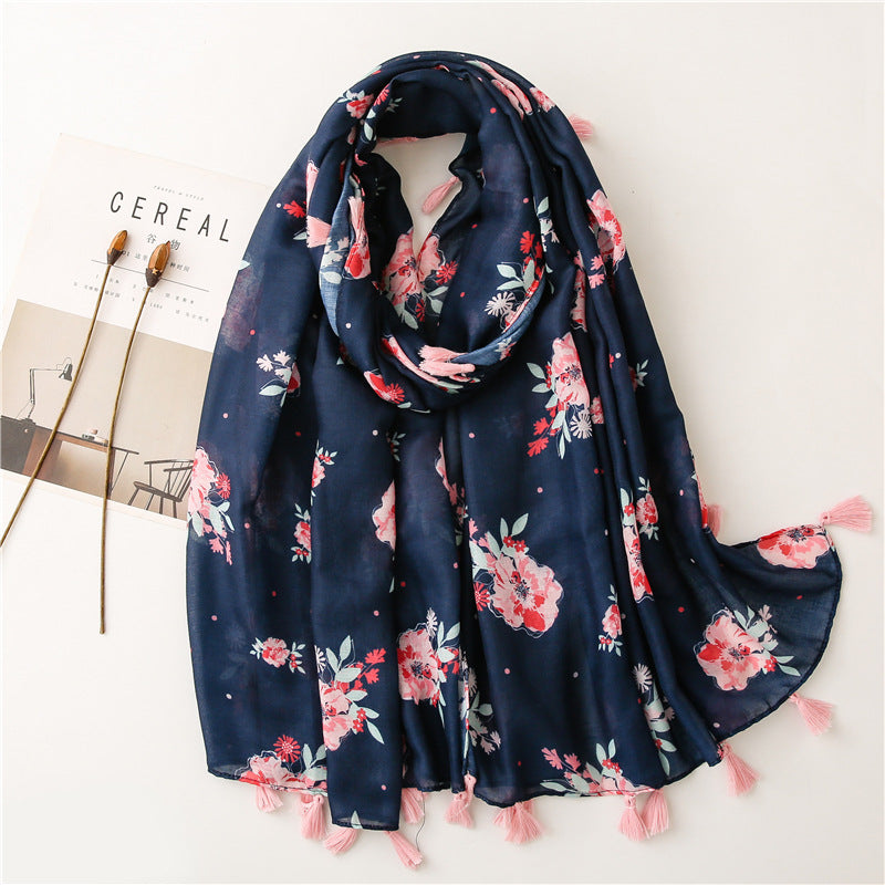 Pink flowers print dark navy scarf with tassels