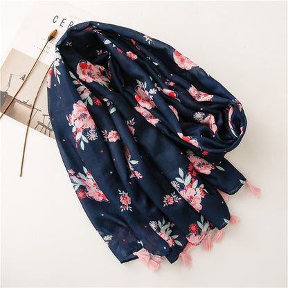 Pink flowers print dark navy scarf with tassels