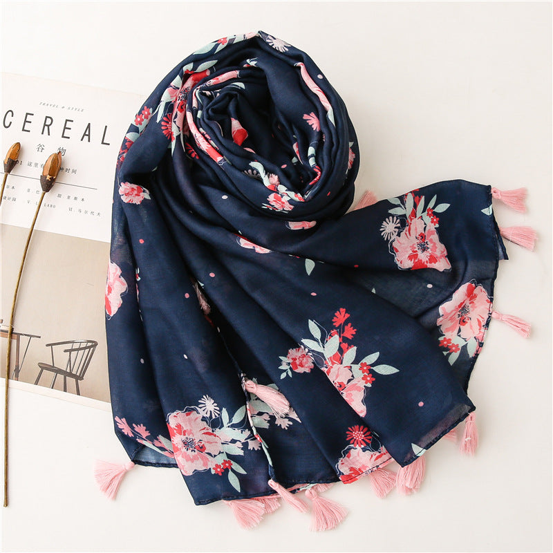 Pink flowers print dark navy scarf with tassels