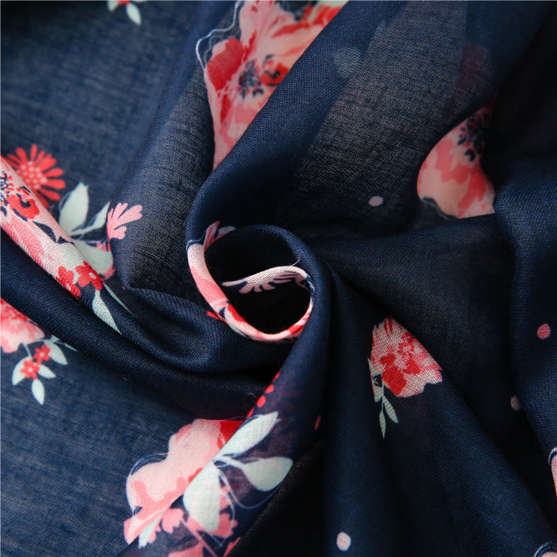 Pink flowers print dark navy scarf with tassels