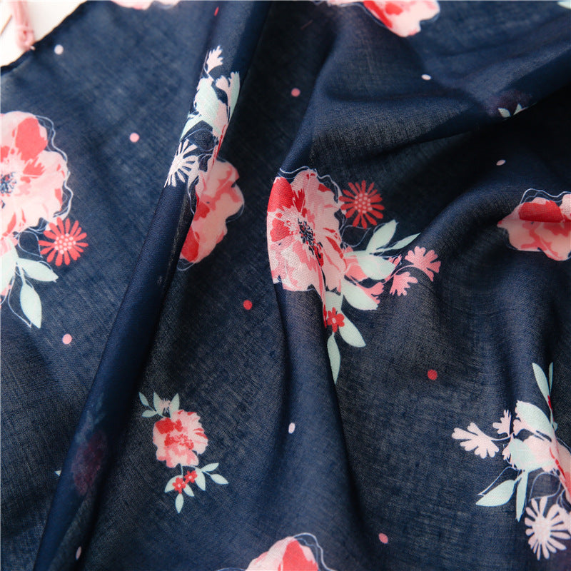 Pink flowers print dark navy scarf with tassels