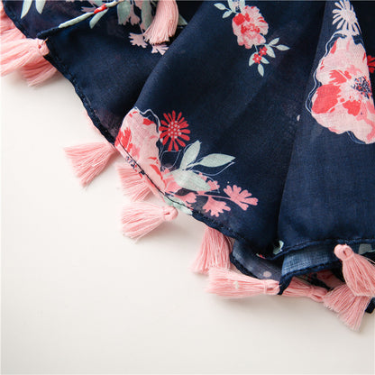 Pink flowers print dark navy scarf with tassels