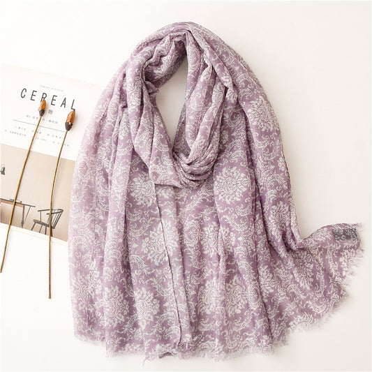 White floral print mauve fringed scarf