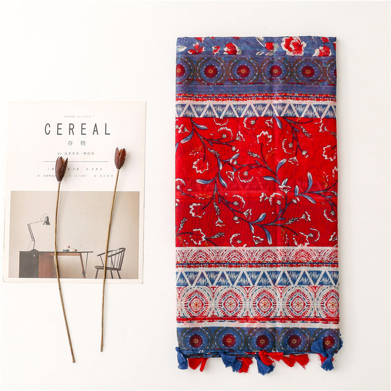 Mixed red navy floral printed scarf with tassels