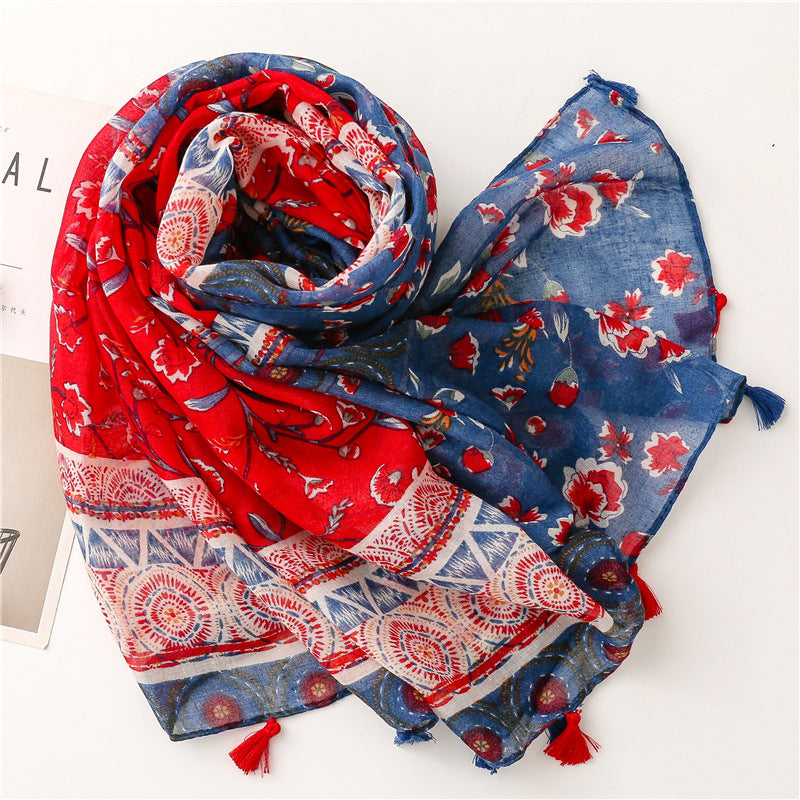 Mixed red navy floral printed scarf with tassels