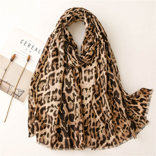 Hot stamped large leopard print fringed scarf