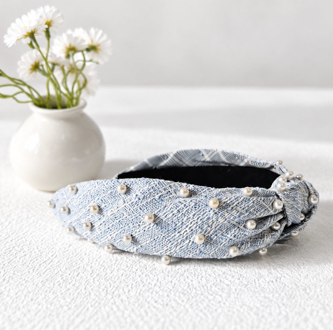 Pearl-embellished blue tweed headband