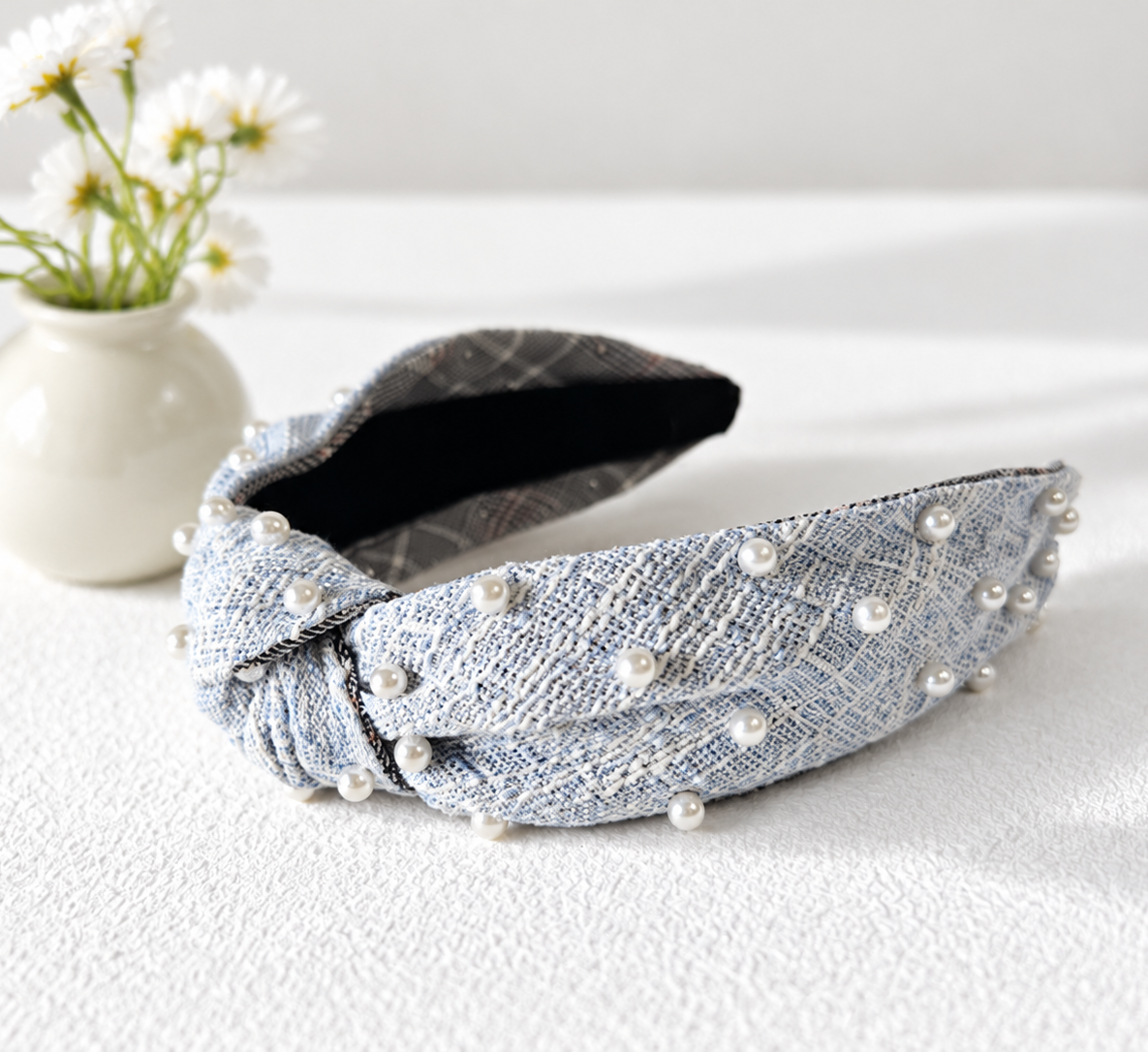 Pearl-embellished blue tweed headband