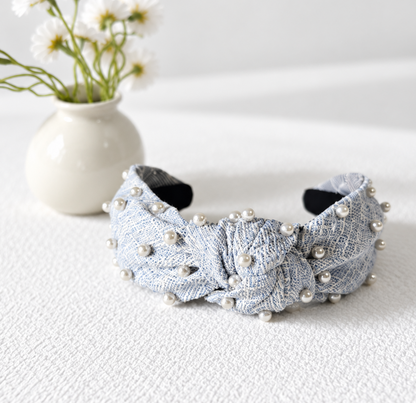 Pearl-embellished blue tweed headband