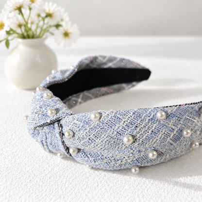 Pearl-embellished blue tweed headband