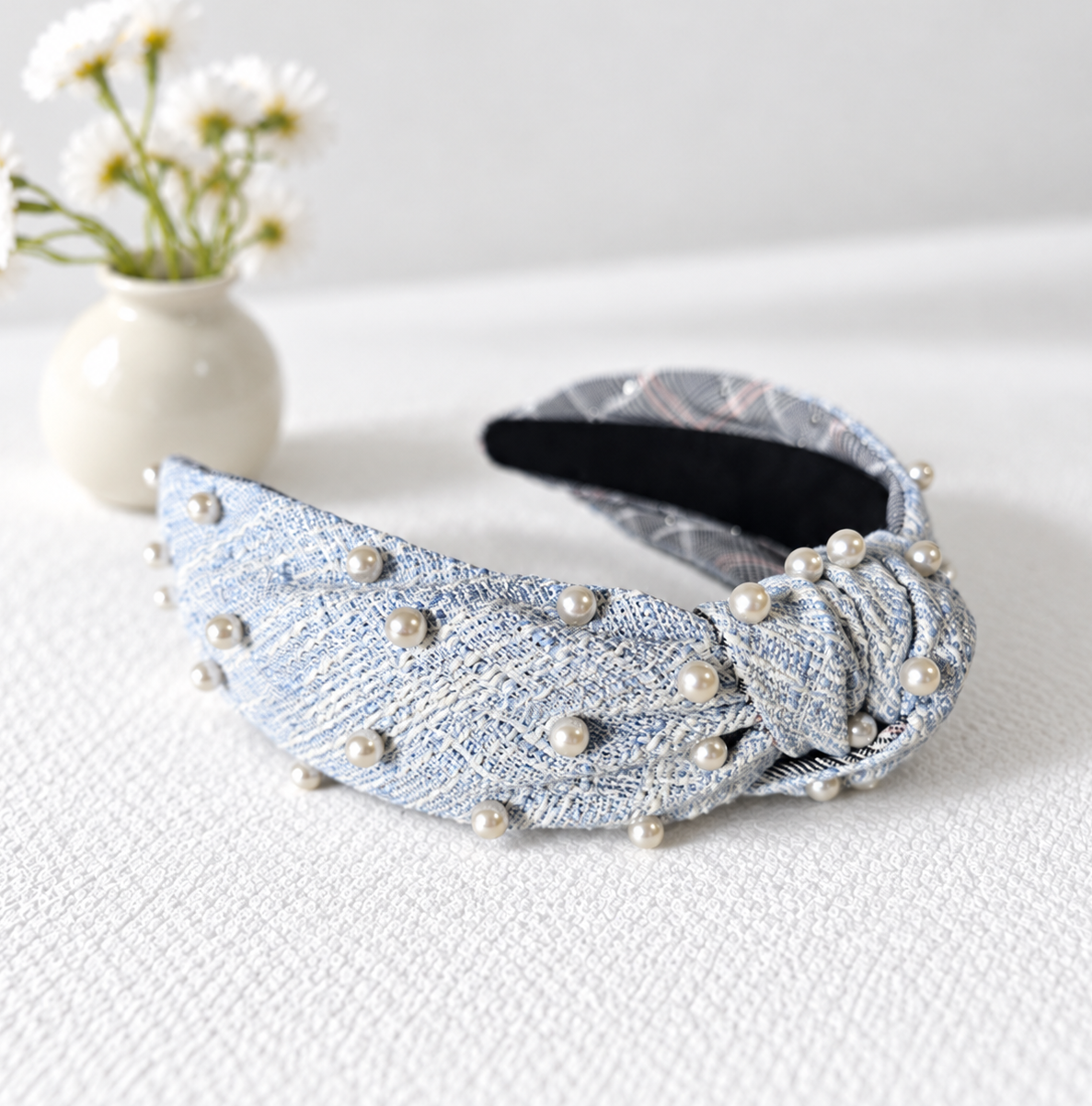 Pearl-embellished blue tweed headband