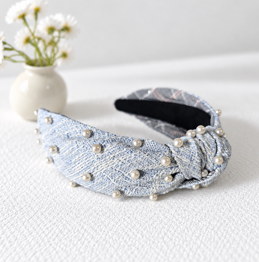 Pearl-embellished blue tweed headband