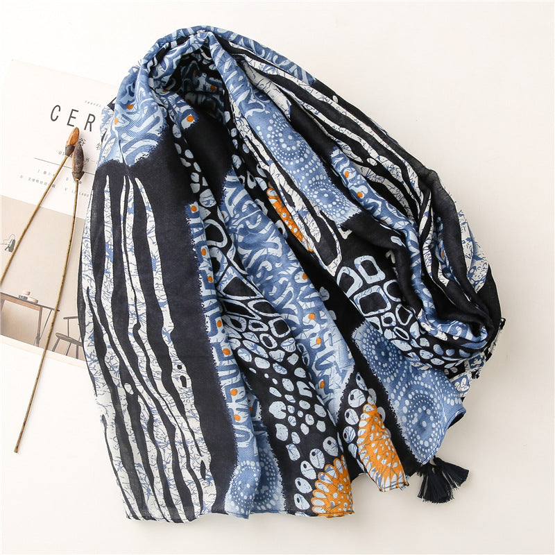 Multipatterned black blue scarf with tassels