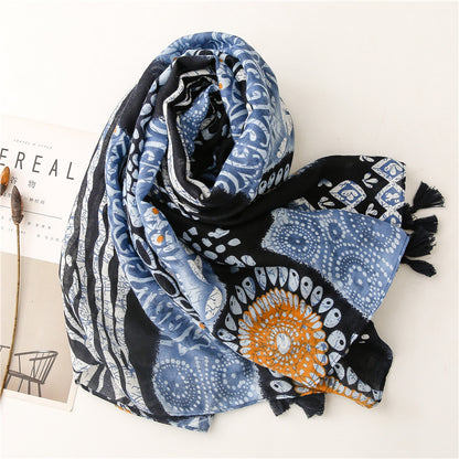 Multipatterned black blue scarf with tassels