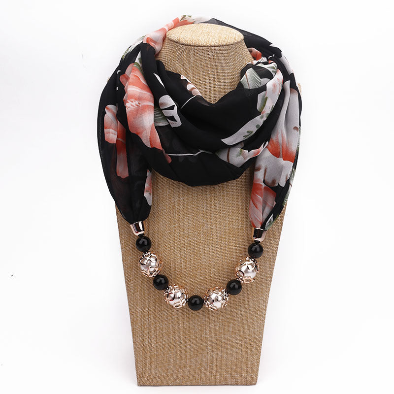 Chiffon infinity scarf with jewellery in Black floral