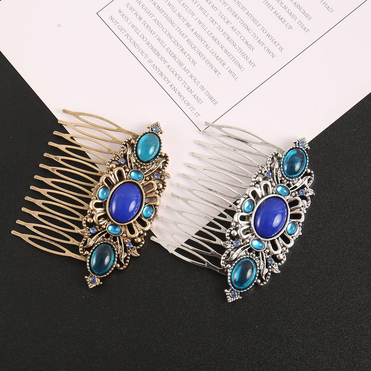 Blue rhinestone gems hair comb
