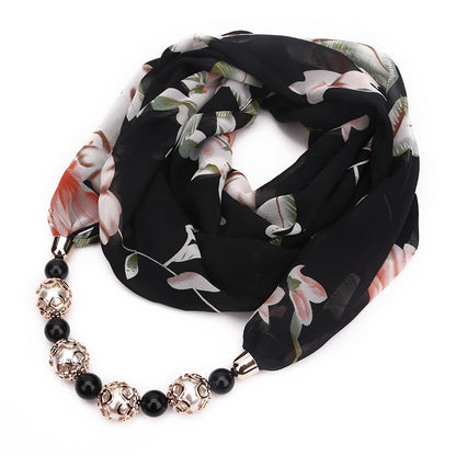 Chiffon infinity scarf with jewellery in Black floral