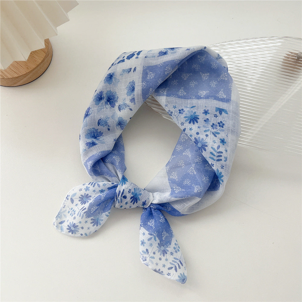 Floral print square scarf in china blue