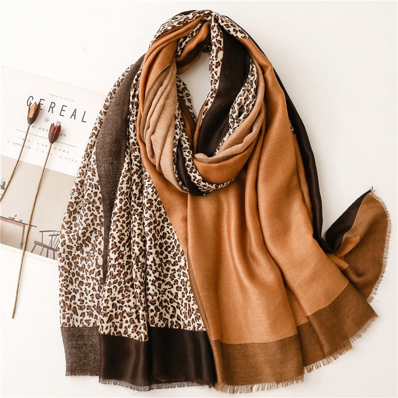 Mixed hot stamped leopard print fringed scarf