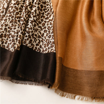 Mixed hot stamped leopard print fringed scarf