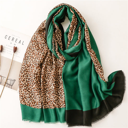 Mixed hot stamped leopard print fringed scarf