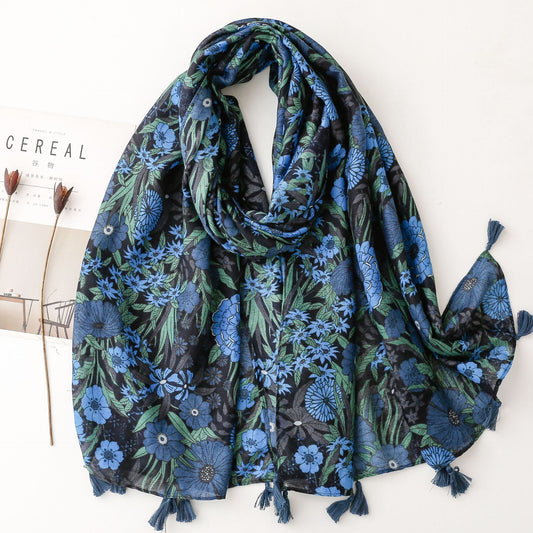 Blue flowers printed black scarf with tassels