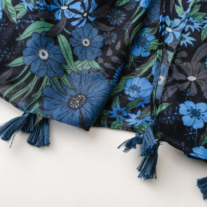 Blue flowers printed black scarf with tassels