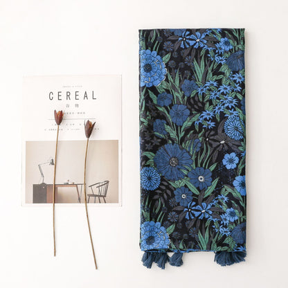 Blue flowers printed black scarf with tassels