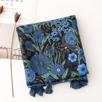 Blue flowers printed black scarf with tassels