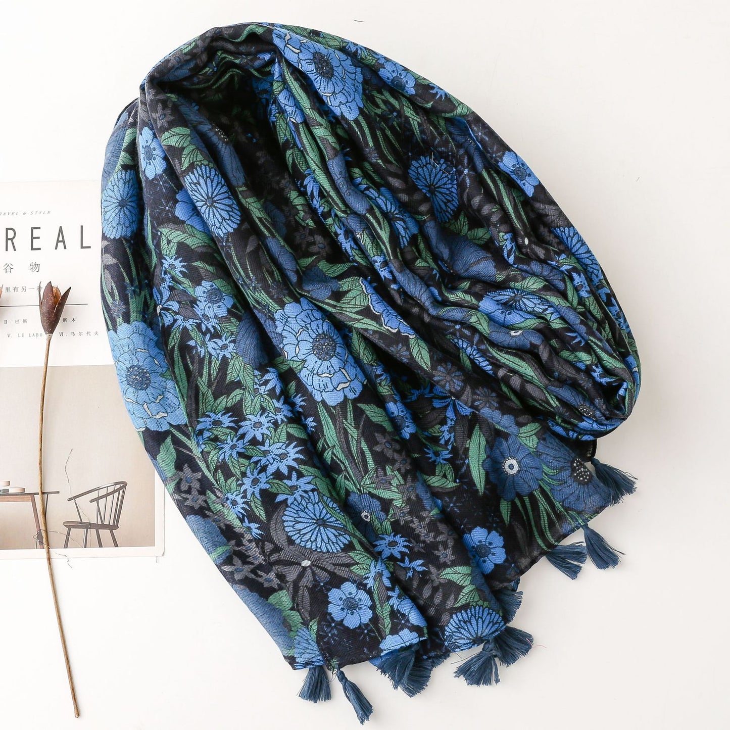 Blue flowers printed black scarf with tassels