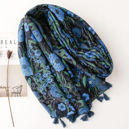Blue flowers printed black scarf with tassels