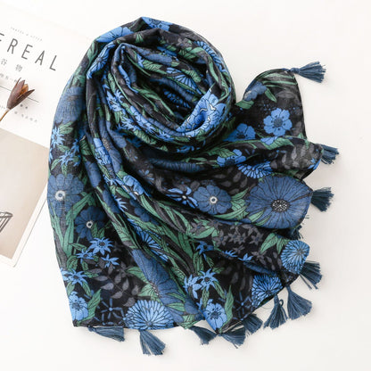 Blue flowers printed black scarf with tassels