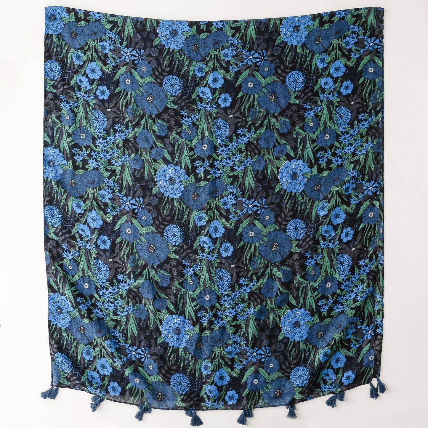 Blue flowers printed black scarf with tassels