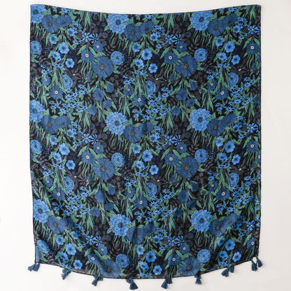 Blue flowers printed black scarf with tassels