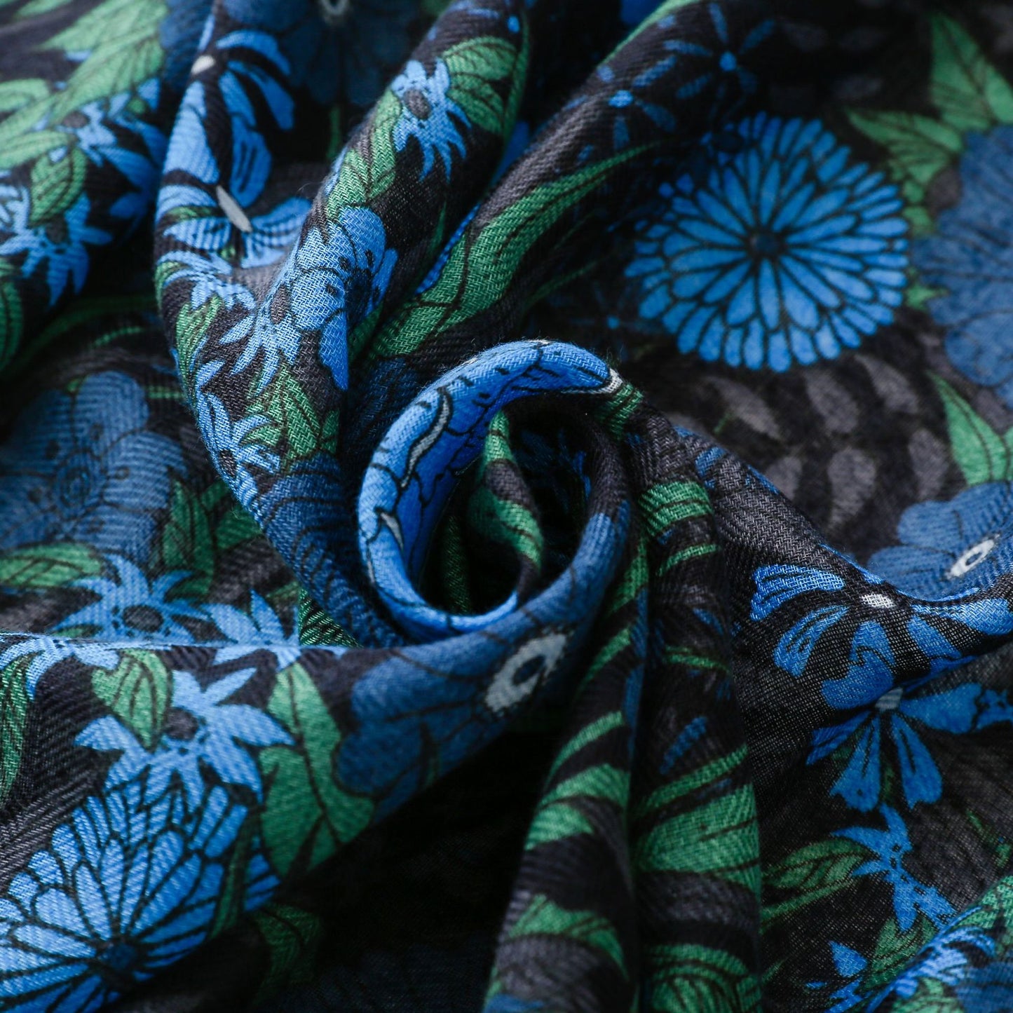 Blue flowers printed black scarf with tassels