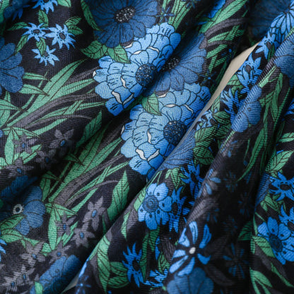Blue flowers printed black scarf with tassels