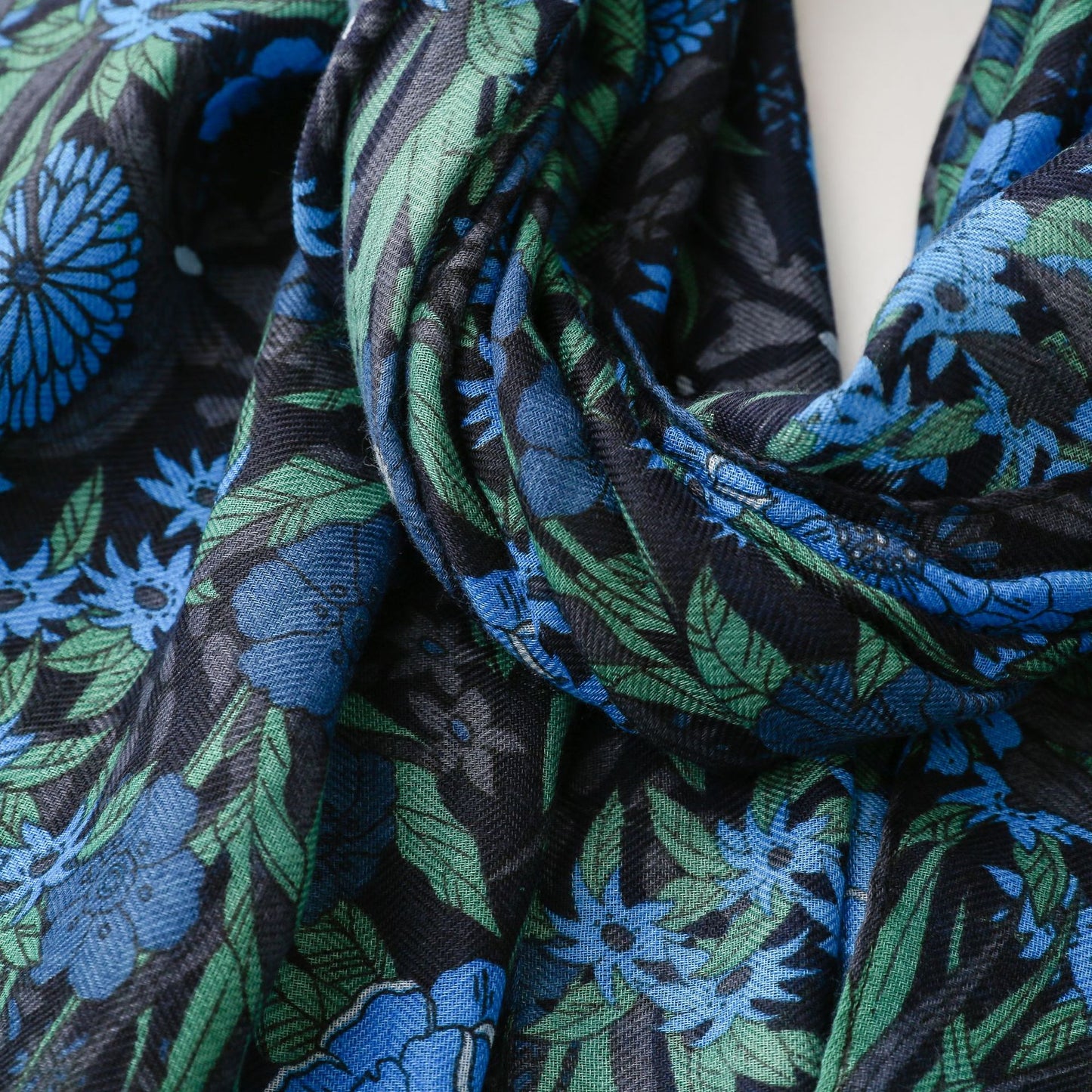 Blue flowers printed black scarf with tassels