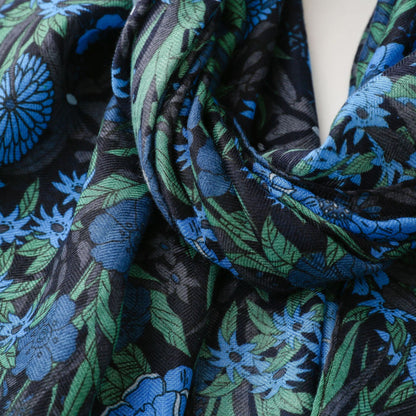 Blue flowers printed black scarf with tassels