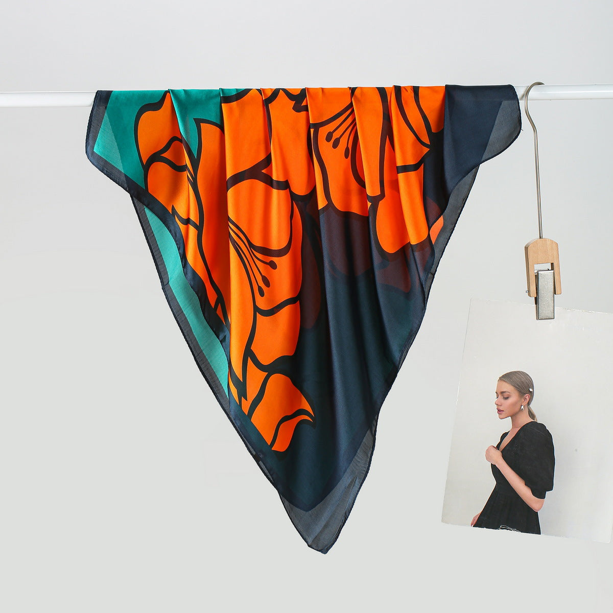 Orange flower print navy teal square scarf