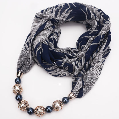 Chiffon infinity scarf with jewellery in Navy leaves print
