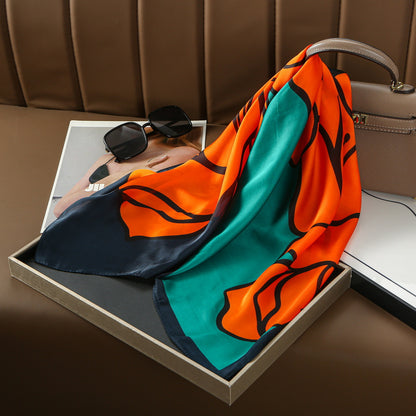 Orange flower print navy teal square scarf