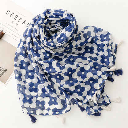 Blue white floral print long scarf with tassels