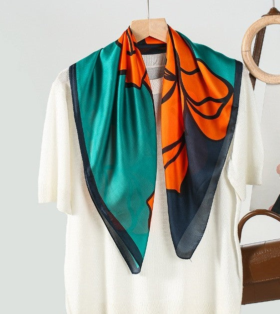 Orange flower print navy teal square scarf