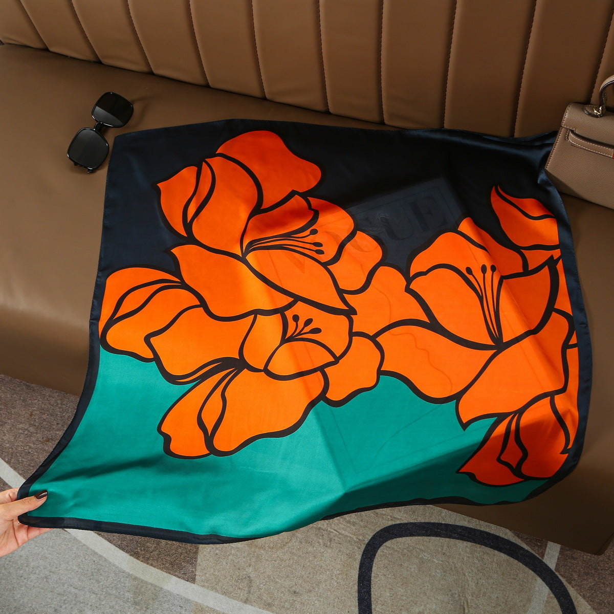 Orange flower print navy teal square scarf