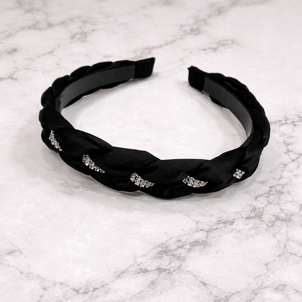 Black braided headband with rhinstones