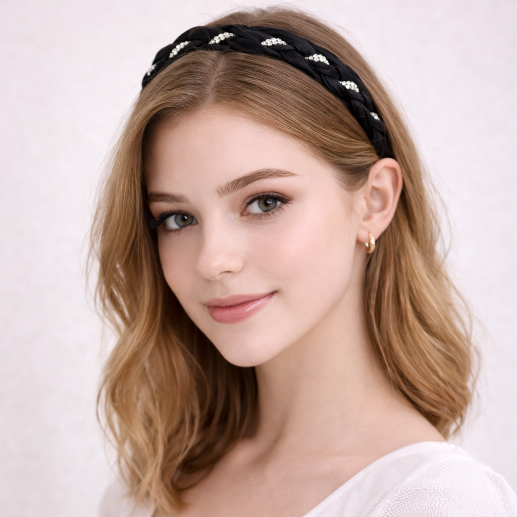 Black braided headband with rhinstones