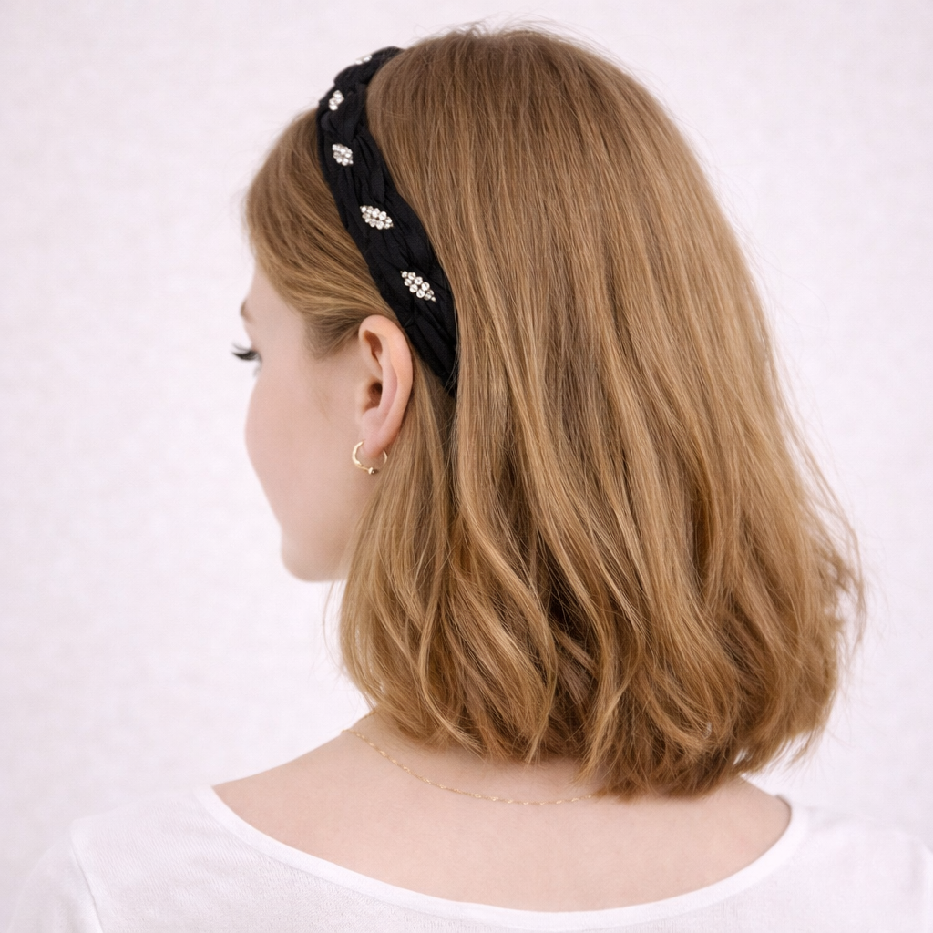 Black braided headband with rhinstones
