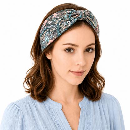 Multicoloured paisley printed knotted bandanna hair band