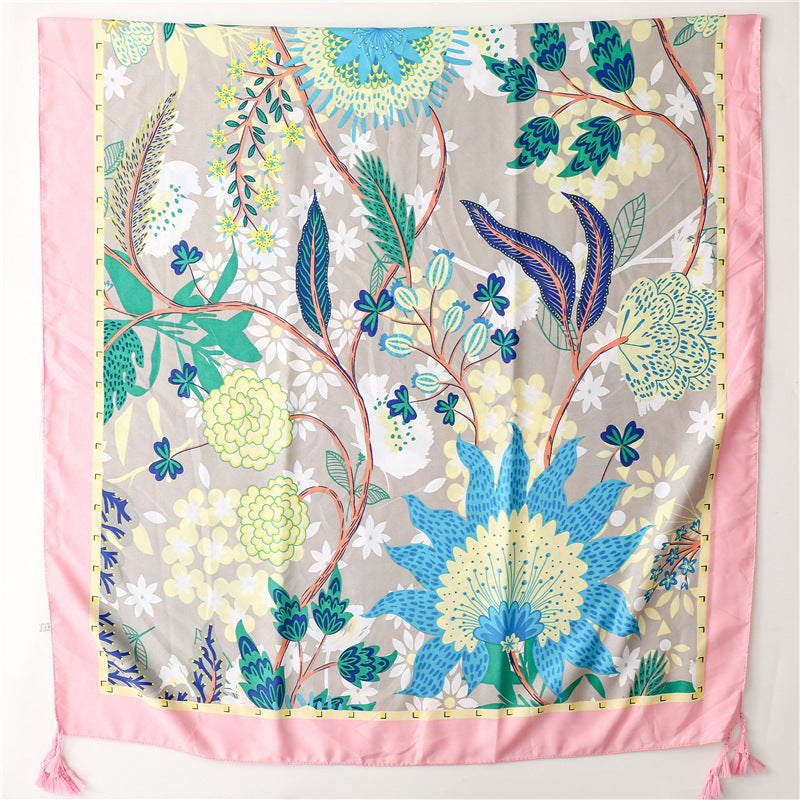 Spring floral prints scarf with tassels