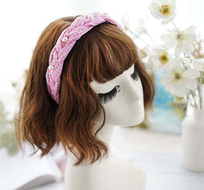 Gingham braided headband with white pearls